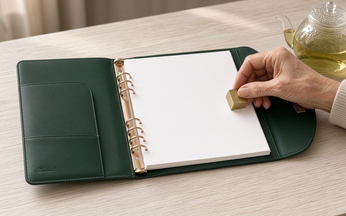 Open forest green EGOSUNNY planner on a standing desk with a glass teapot