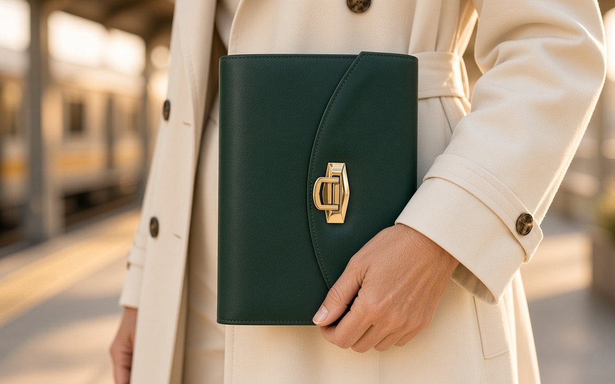 Woman holding a forest green EGOSUNNY planner on a train platform