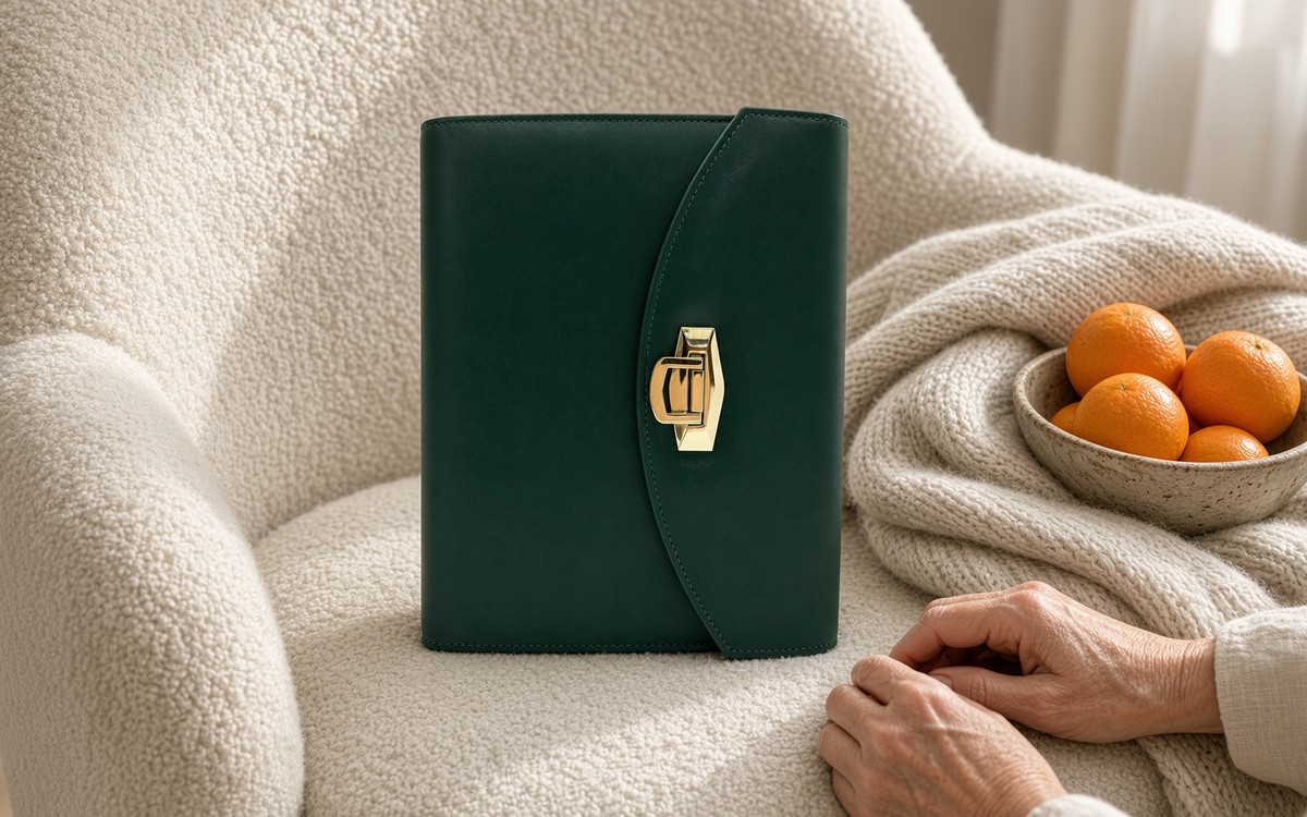Forest green EGOSUNNY planner on a bouclé lounge chair