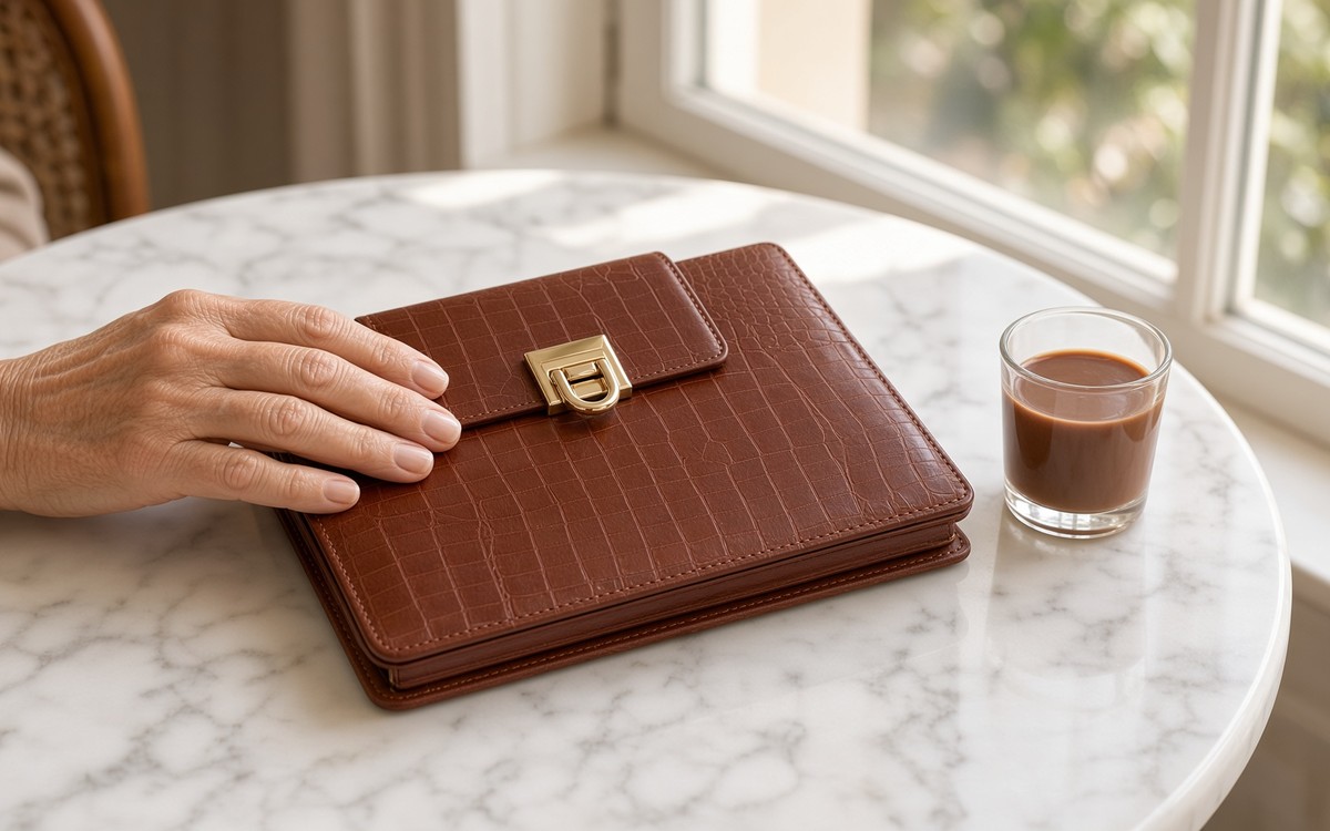 Open chestnut brown EGOSUNNY planner on a marble café table