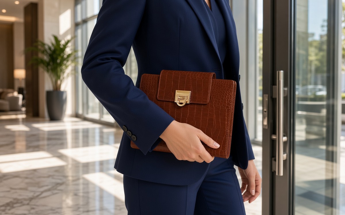 Woman in a navy suit carrying a chestnut brown EGOSUNNY planner