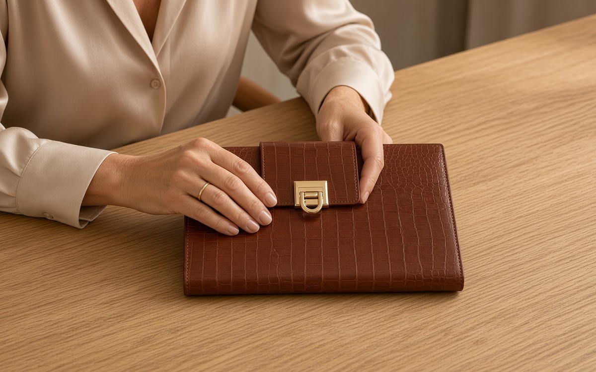 Chestnut brown EGOSUNNY planner and its gold clasp by a city window