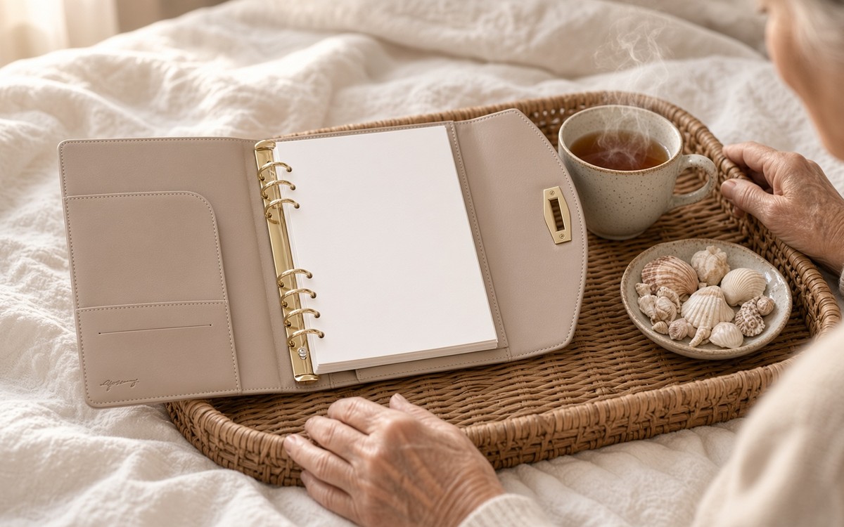 Open taupe EGOSUNNY planner on a breakfast tray with seashells
