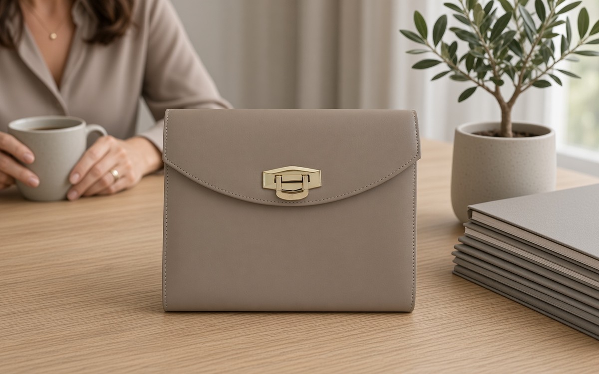 Taupe EGOSUNNY planner on an office desk beside a small olive tree