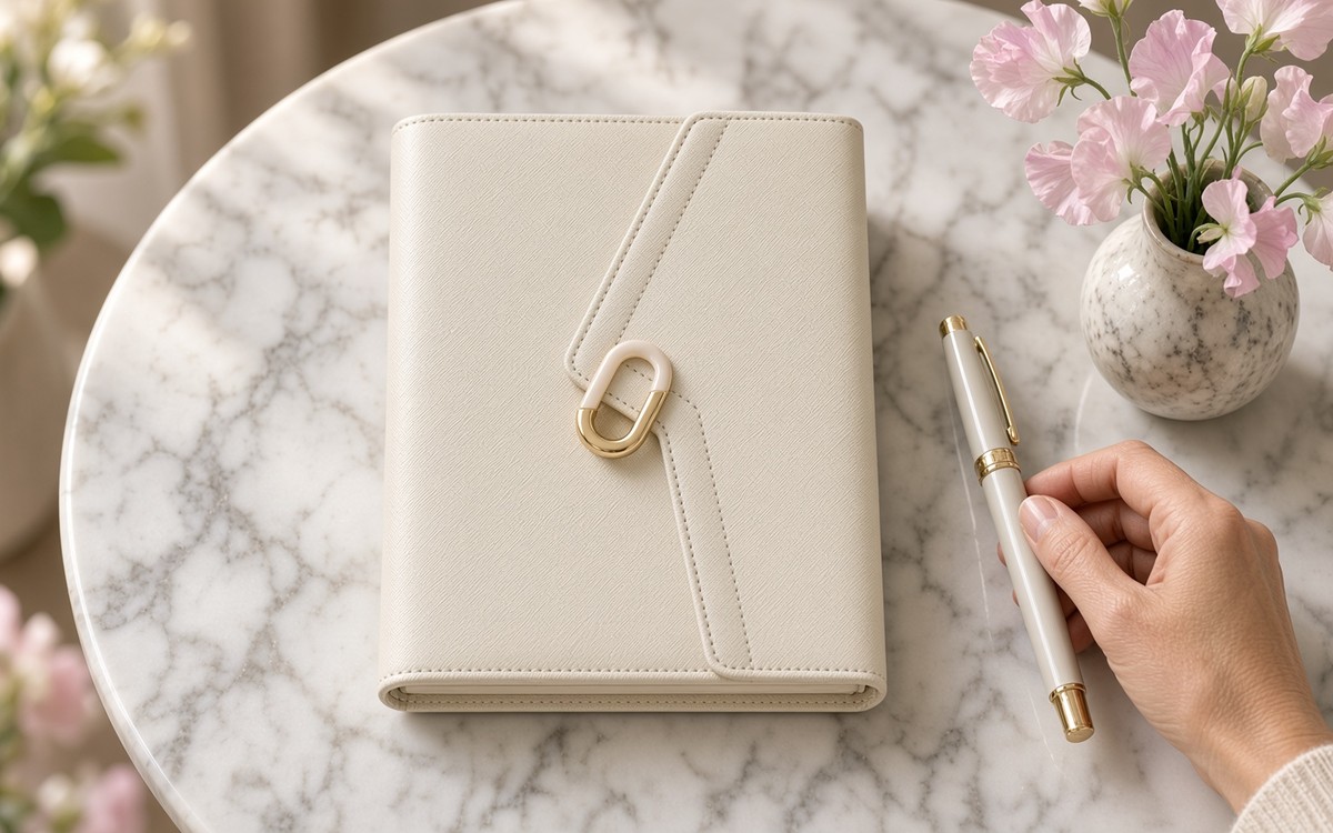 Open cream EGOSUNNY planner with a fountain pen and sweet peas
