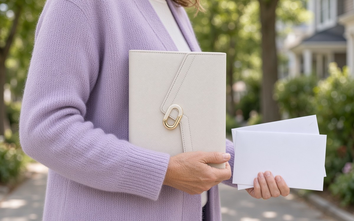 Woman in a lilac cardigan holding a cream EGOSUNNY planner and envelopes