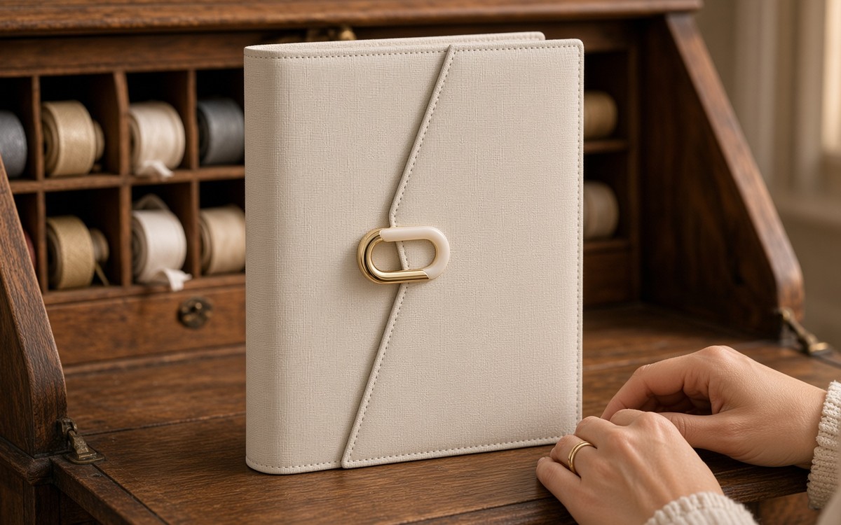 Cream EGOSUNNY planner on an antique writing bureau