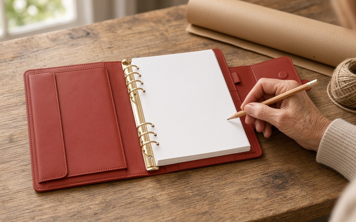 Open brick red EGOSUNNY planner on a craft table with kraft paper