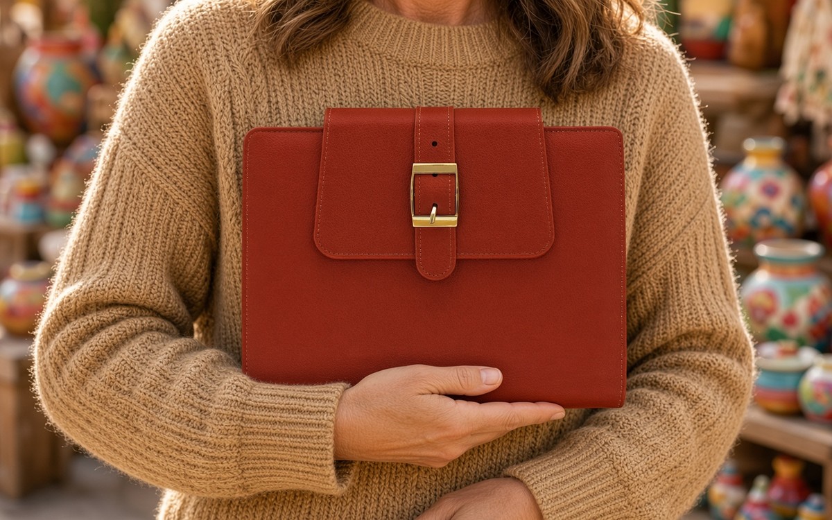 Woman carrying a brick red EGOSUNNY planner at an artisan market
