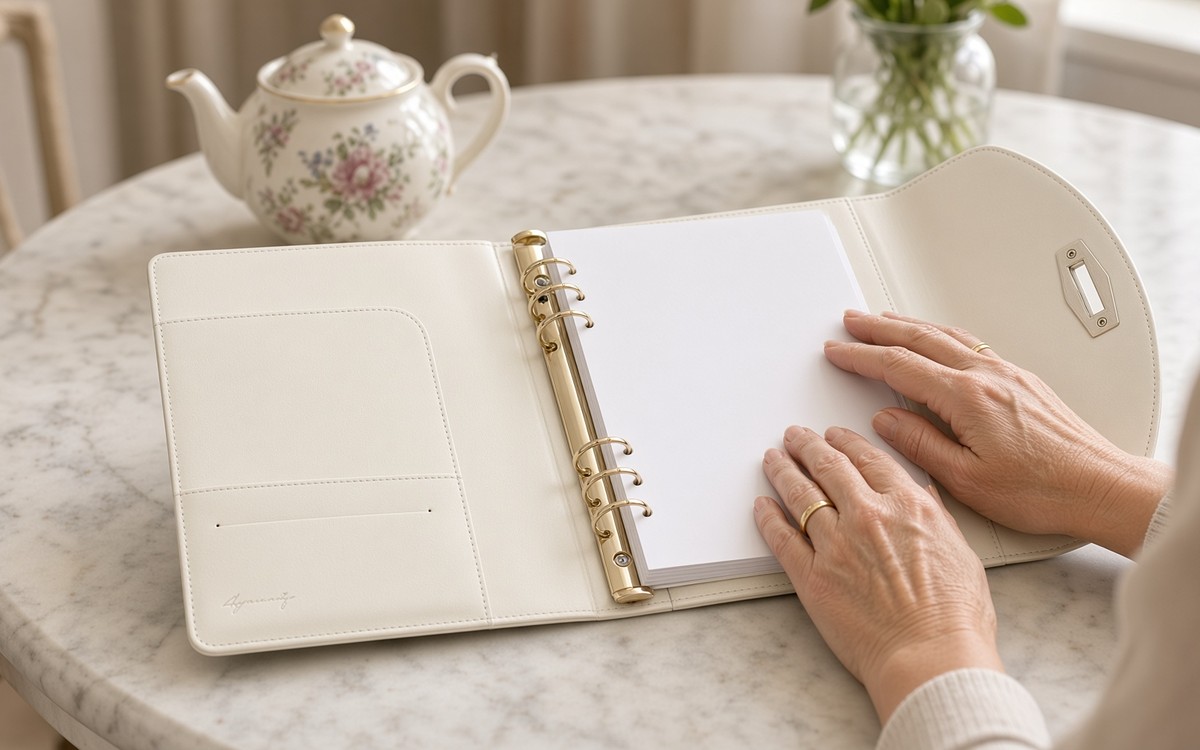 Two women's hands beside an open ivory cream EGOSUNNY planner