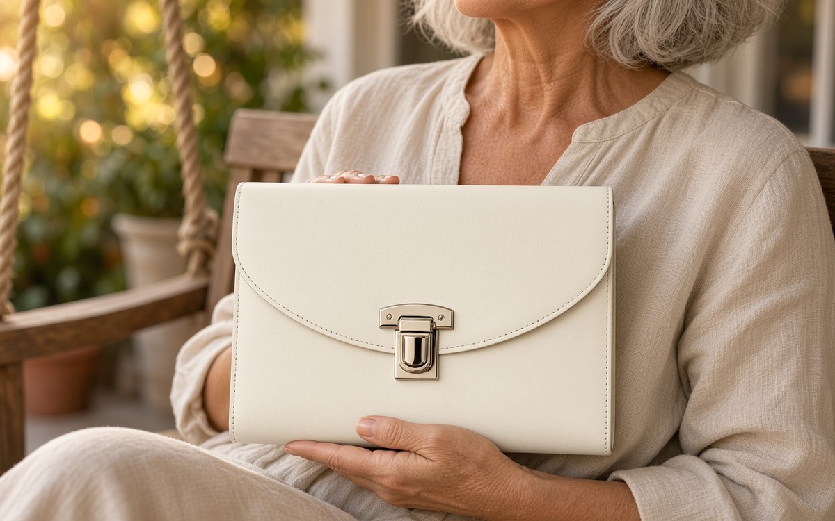 Woman with silver hair holding an ivory cream EGOSUNNY planner on a porch swing