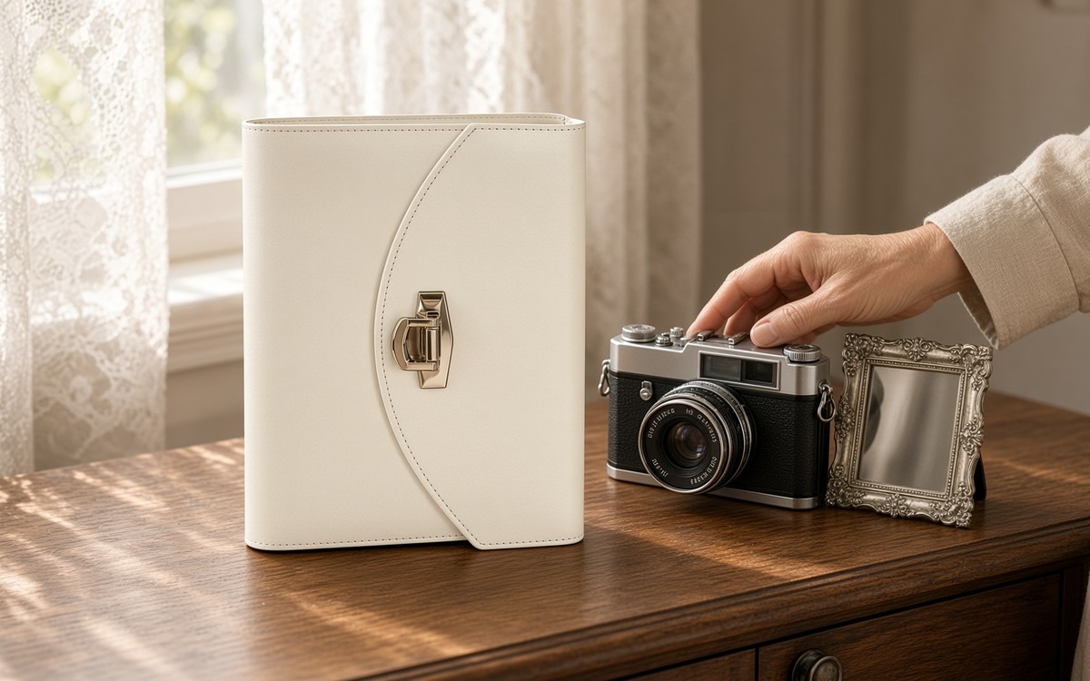 Ivory cream EGOSUNNY planner beside a vintage camera on a sideboard