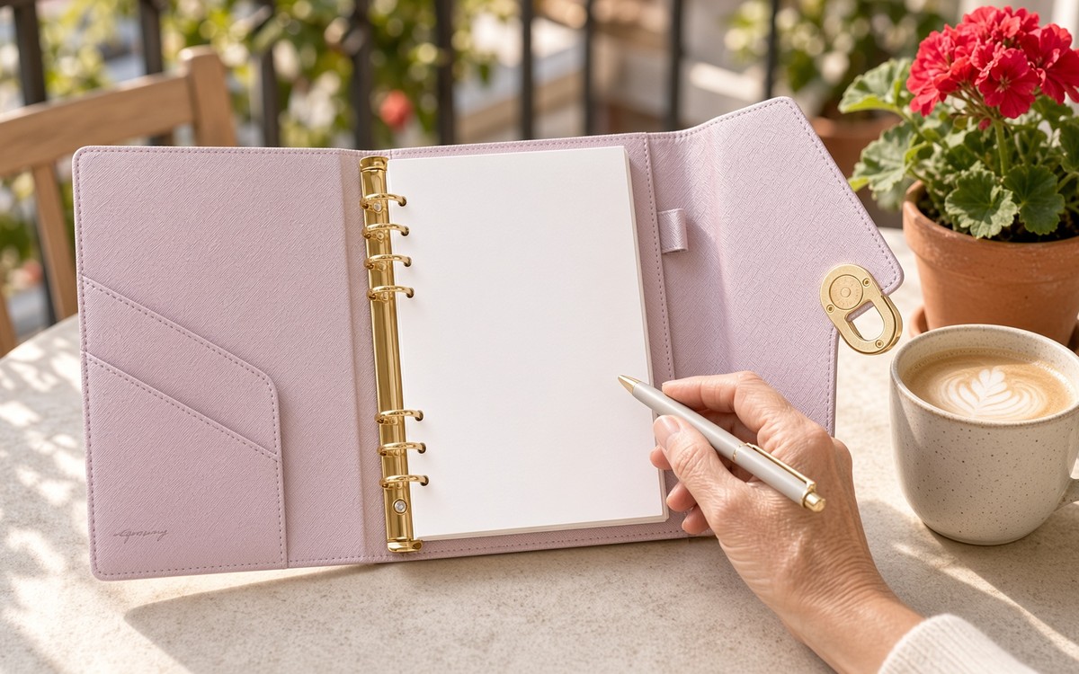 Open pink EGOSUNNY planner on a balcony table with a geranium