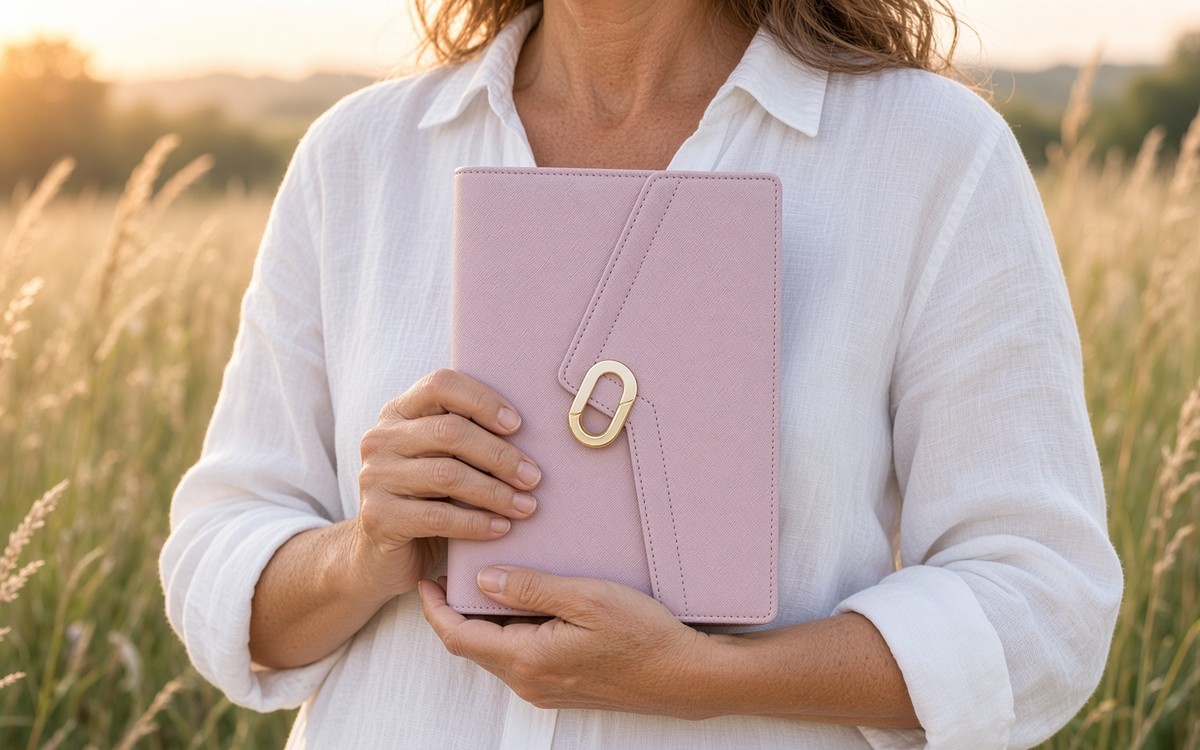 Woman holding a pink EGOSUNNY planner in a meadow at sunrise