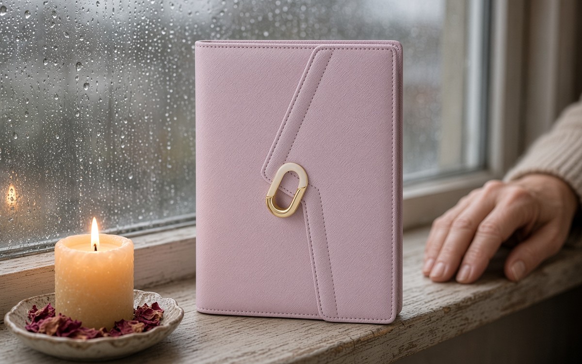 Pink EGOSUNNY planner on a rainy window ledge with a candle