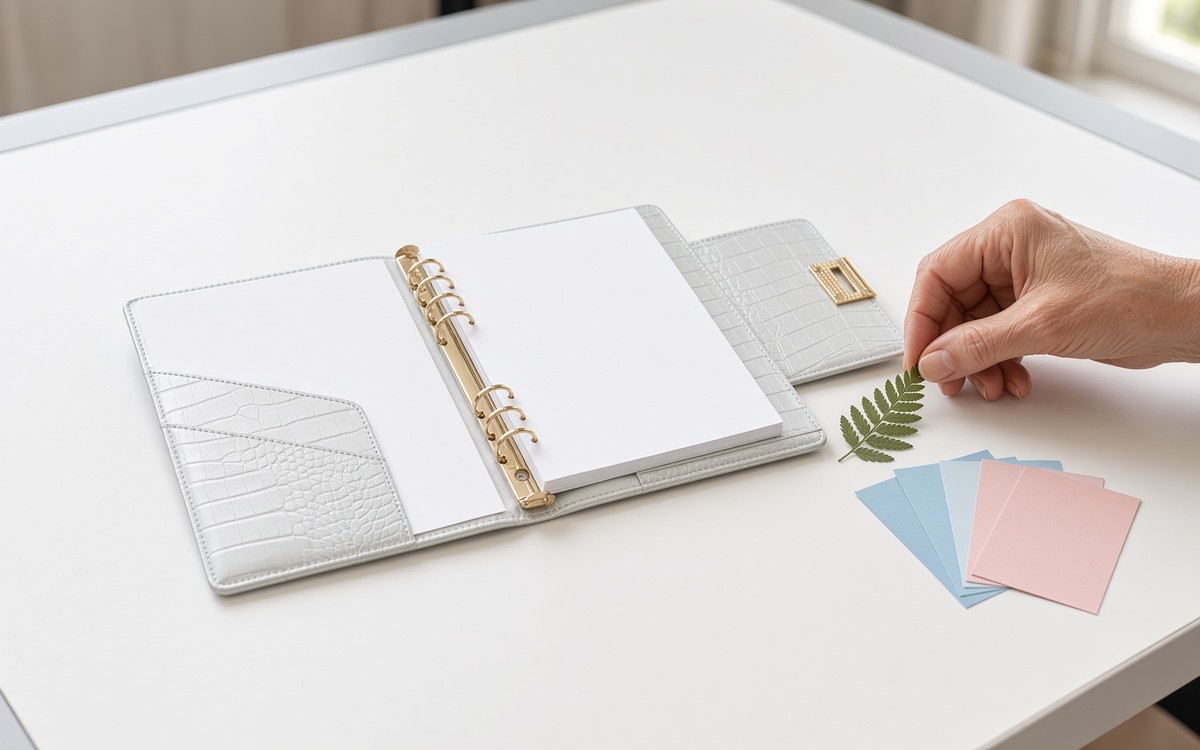 Open silver EGOSUNNY planner on a drafting table with a pressed fern