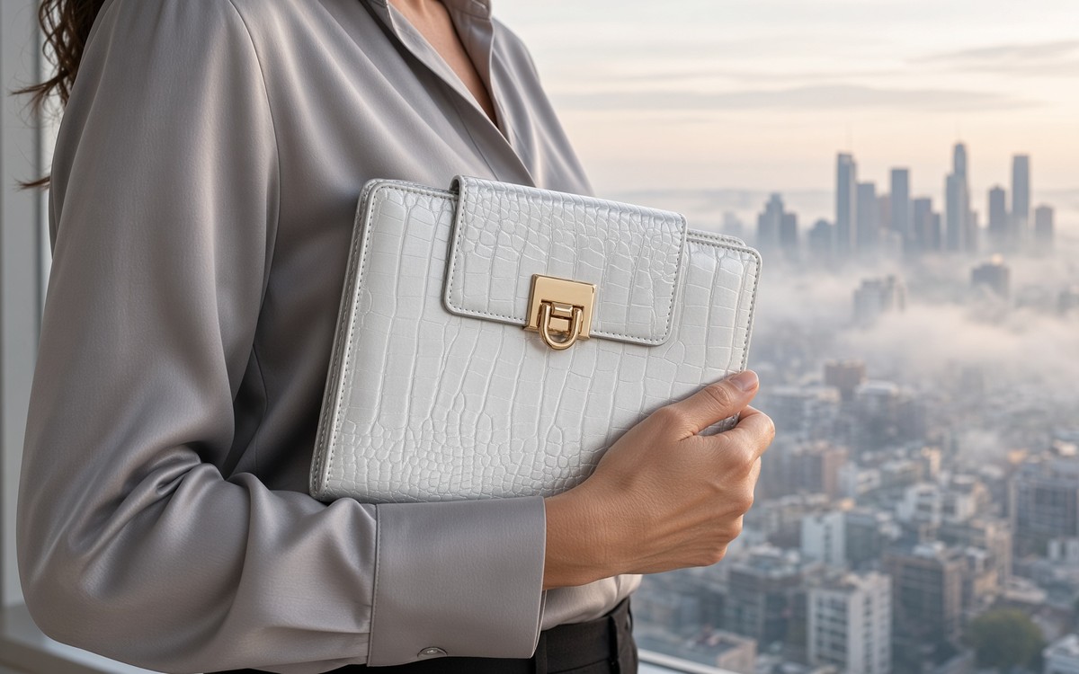 Woman holding a silver EGOSUNNY planner by a window at dawn