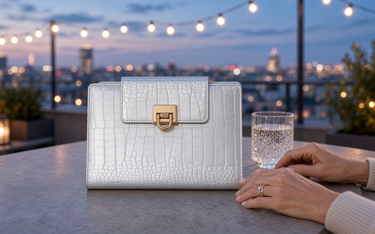Silver EGOSUNNY planner on a rooftop table at blue hour