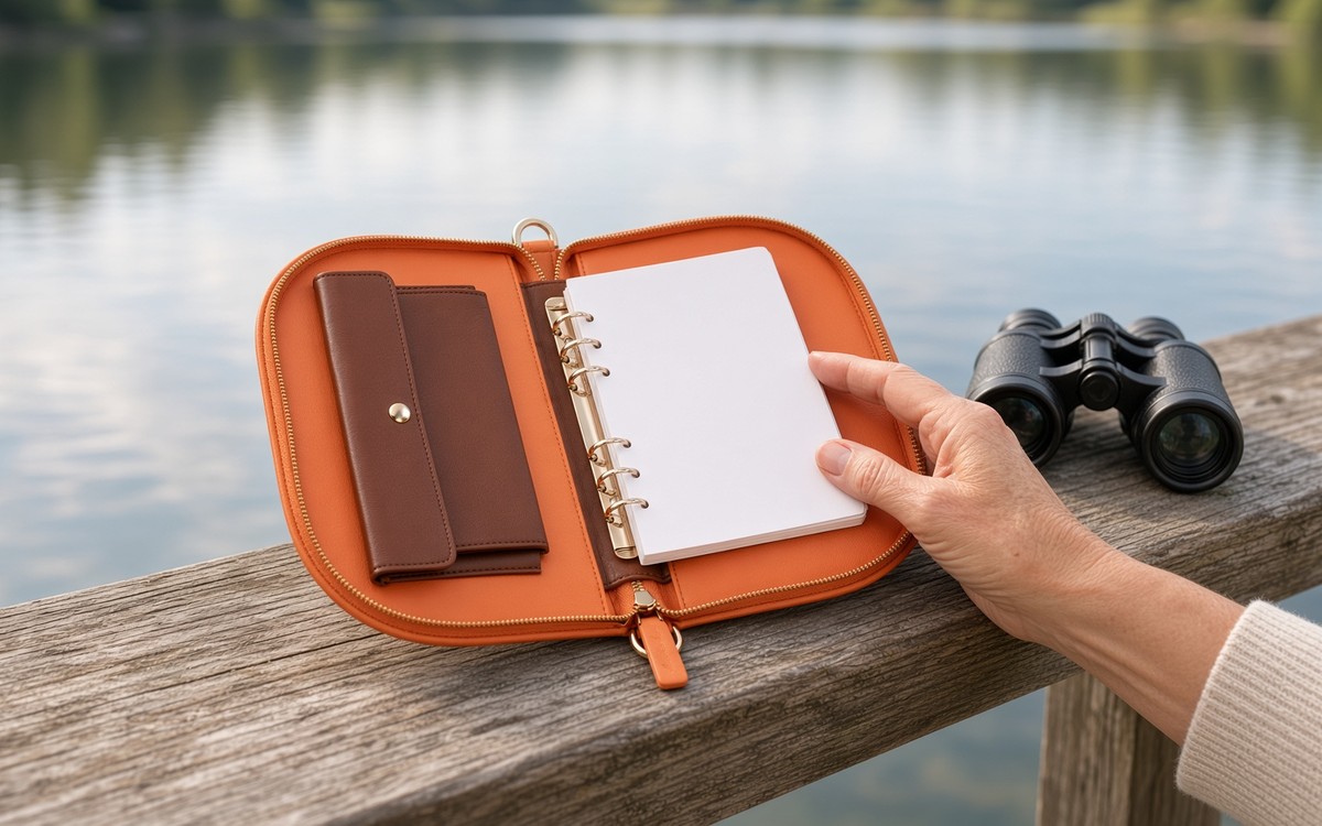 Open orange EGOSUNNY planner on a lakeside pier railing