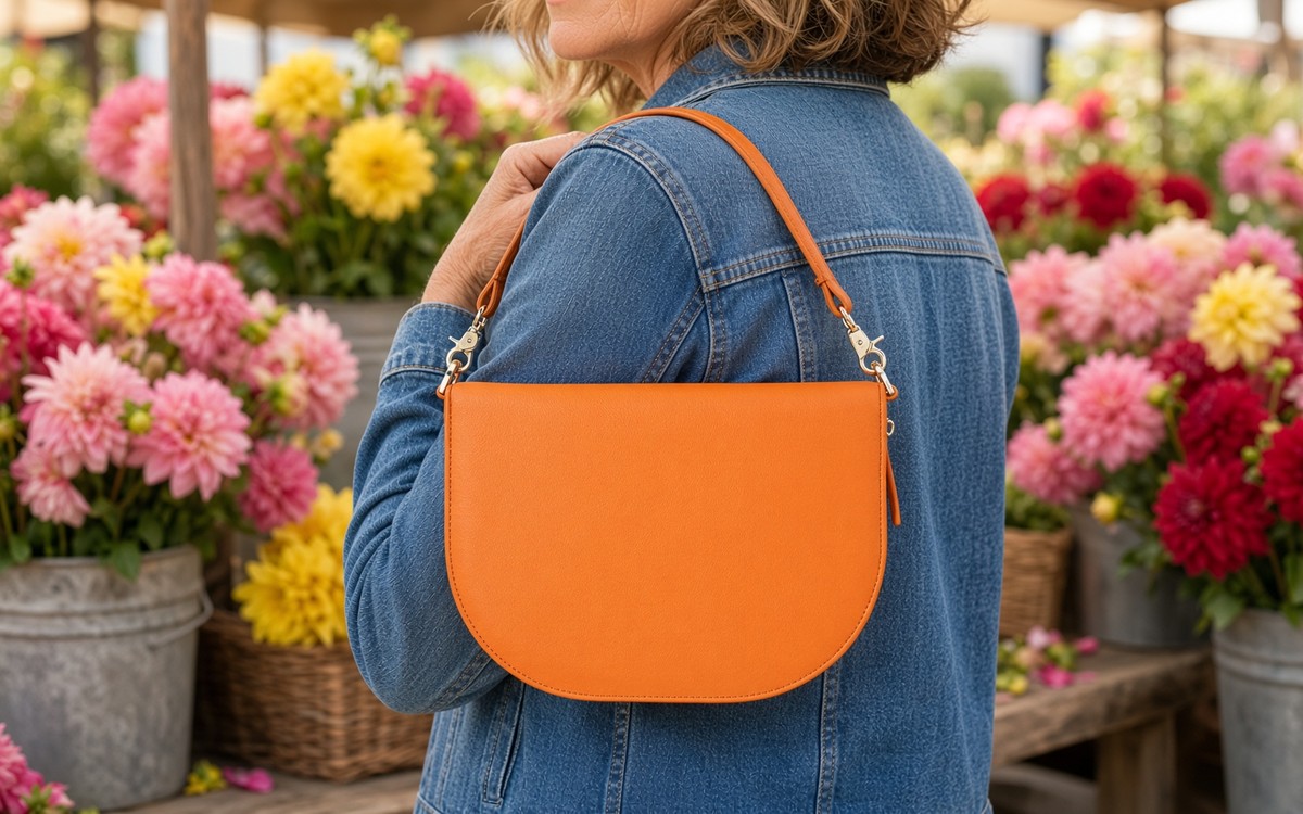 Woman wearing an orange EGOSUNNY planner bag at a flower stall