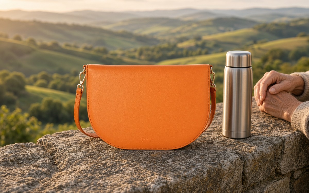 Orange EGOSUNNY planner bag on a stone wall at a hilltop lookout