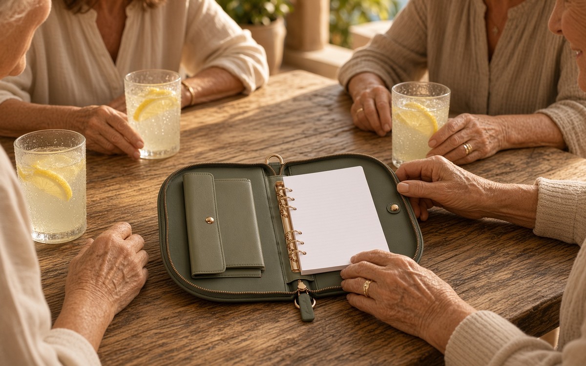 Friends' hands around an open olive EGOSUNNY planner on a villa table
