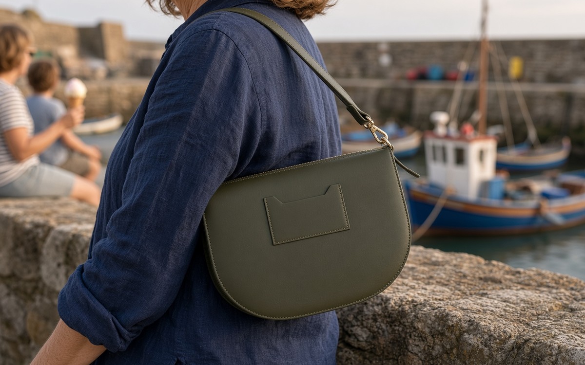 Woman wearing an olive EGOSUNNY planner bag on a coastal boardwalk
