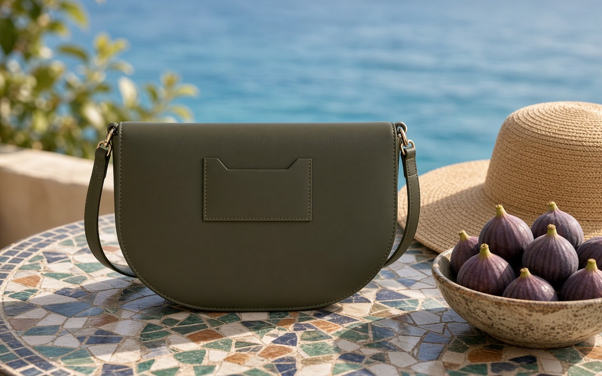 Olive EGOSUNNY planner bag on a rattan bench in a villa hallway