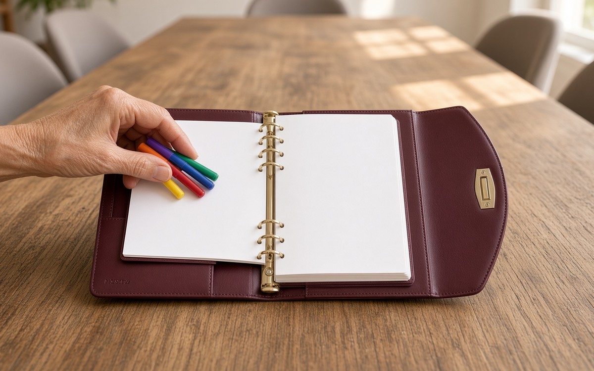 Open wine red EGOSUNNY planner on a workshop table
