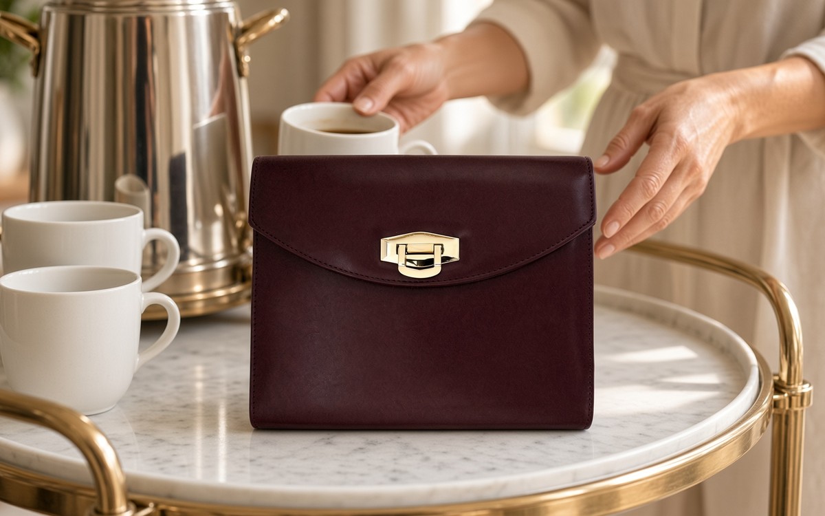 Wine red EGOSUNNY planner on a coffee trolley