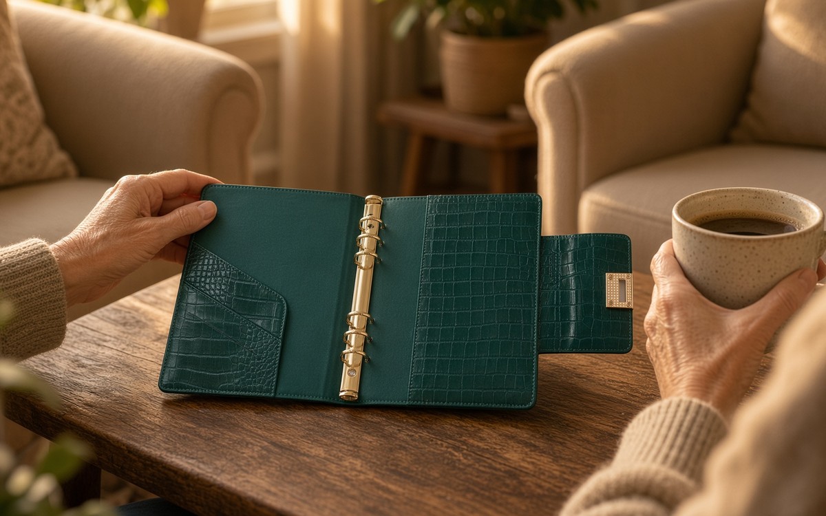 Open emerald green EGOSUNNY planner between two armchairs
