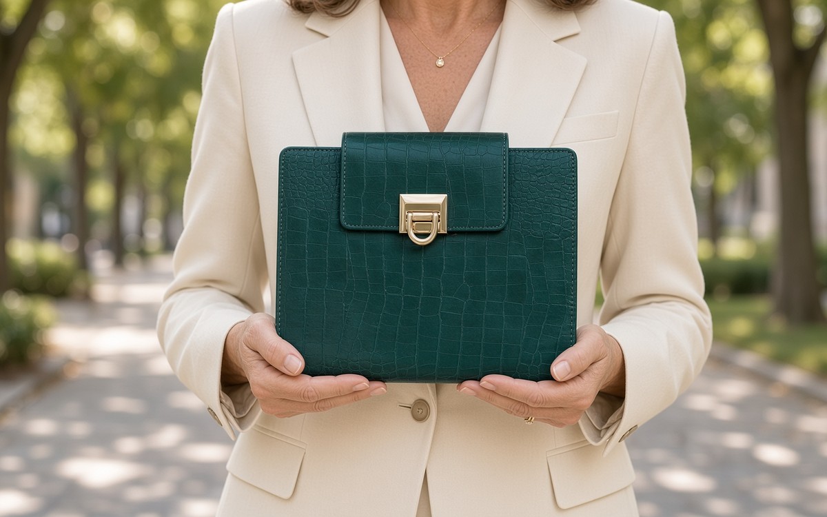 Woman in a cream blazer carrying an emerald green EGOSUNNY planner