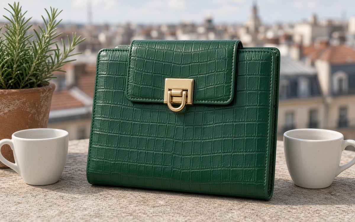 Emerald green EGOSUNNY planner on a rooftop garden table