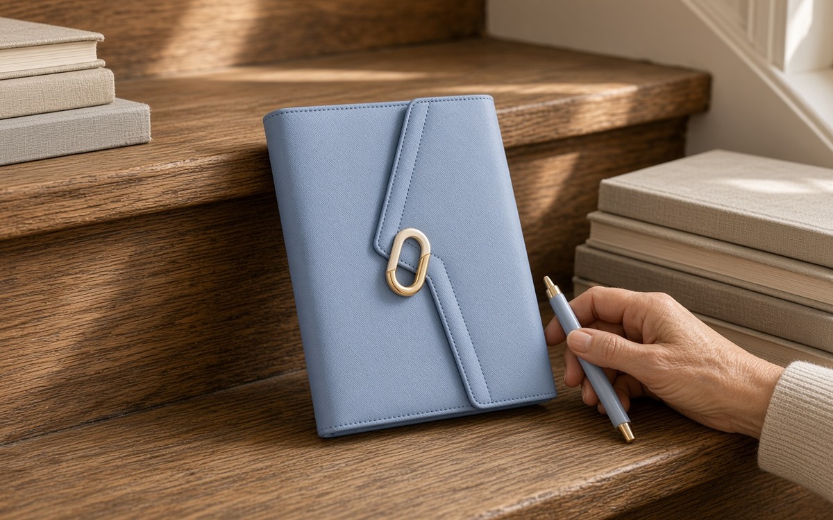 Open dusty blue EGOSUNNY planner on a sunlit stair step