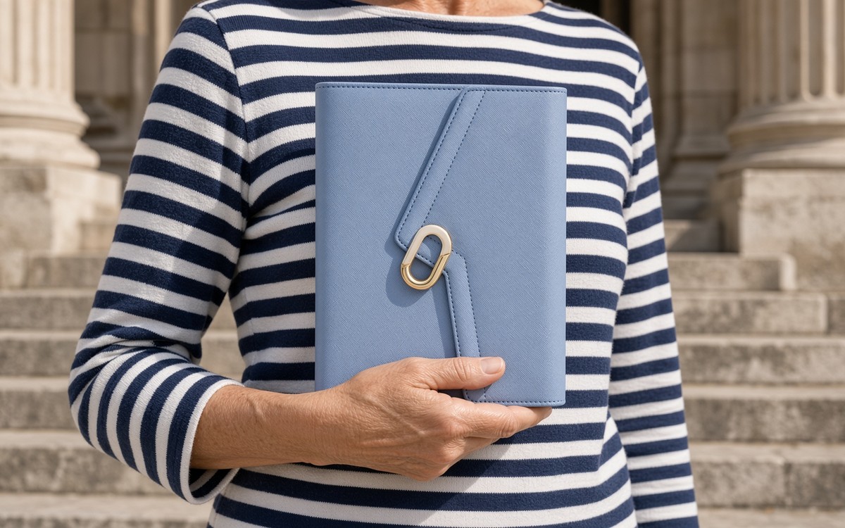 Woman in a striped top holding a dusty blue EGOSUNNY planner