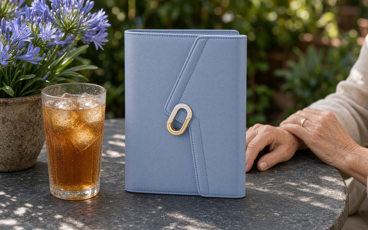 Dusty blue EGOSUNNY planner on a slate garden table