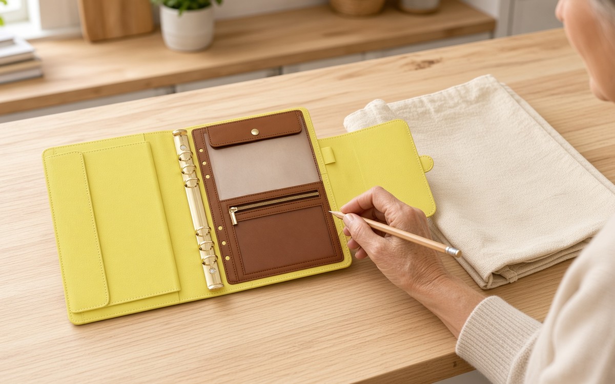 Open lemon yellow EGOSUNNY planner on a pine counter