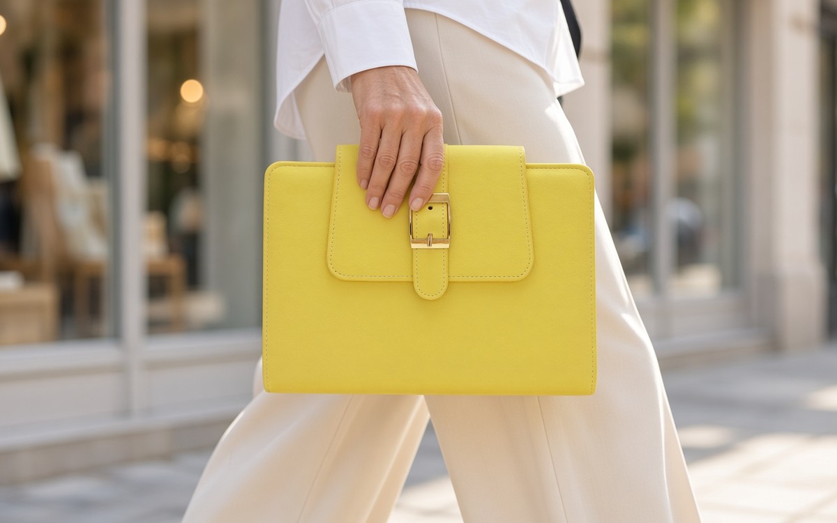 Woman carrying a lemon yellow EGOSUNNY planner past shop windows