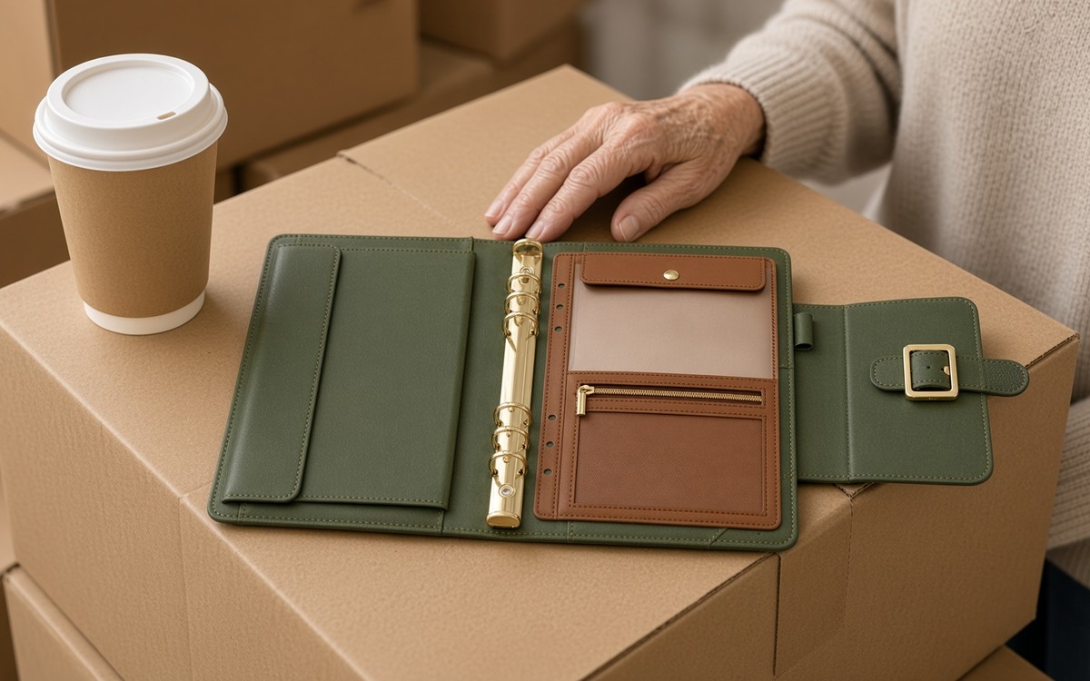 Open olive green EGOSUNNY planner on moving boxes