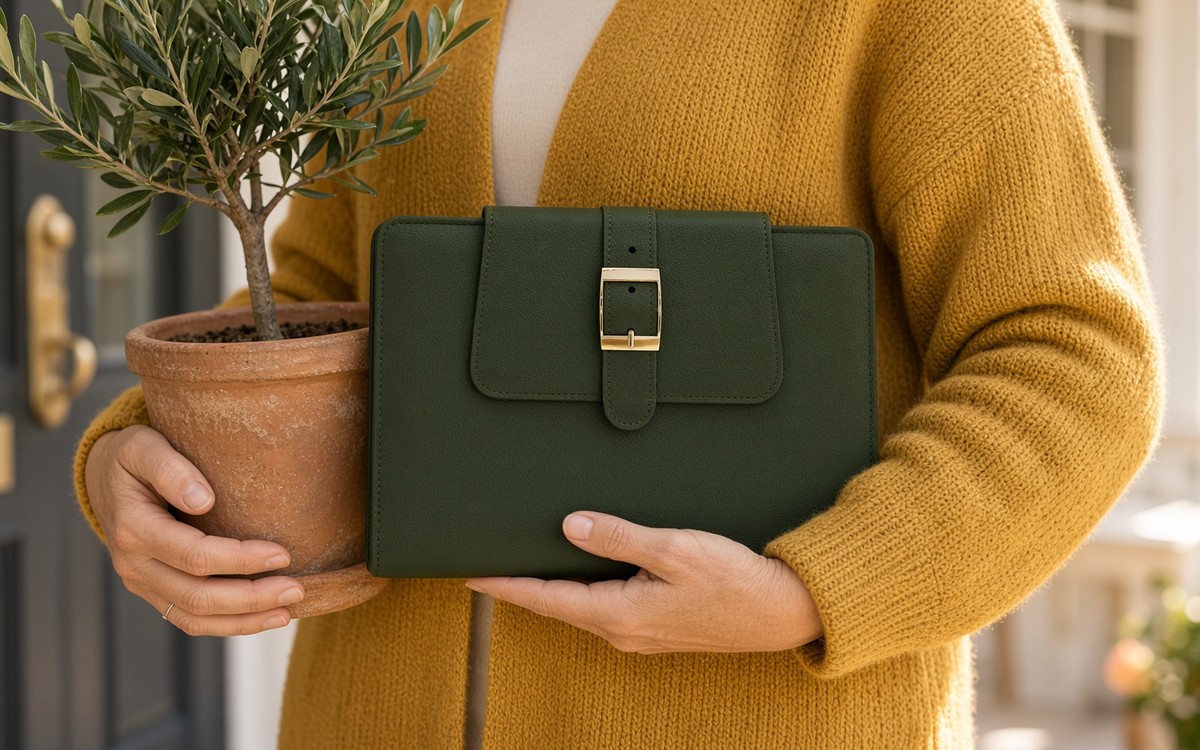 Woman with an olive green EGOSUNNY planner and a potted olive tree at a front door
