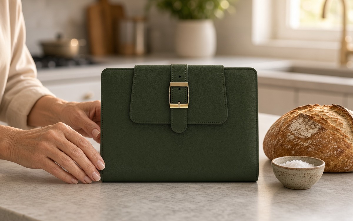 Olive green EGOSUNNY planner beside bread and salt on a kitchen island