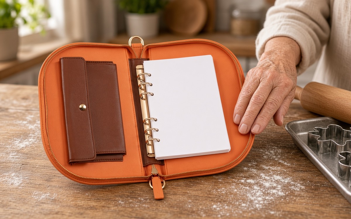 Open orange EGOSUNNY planner on a baking table