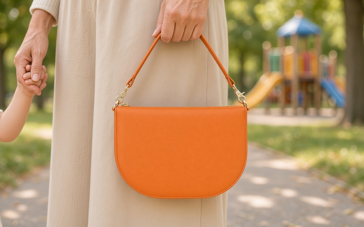 Woman in her sixties wearing an orange EGOSUNNY planner bag at a playground