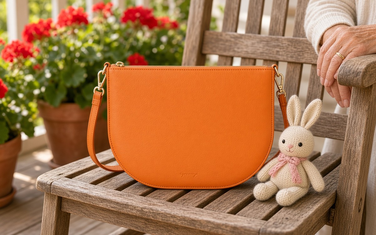 Orange EGOSUNNY planner bag on a porch rocking chair
