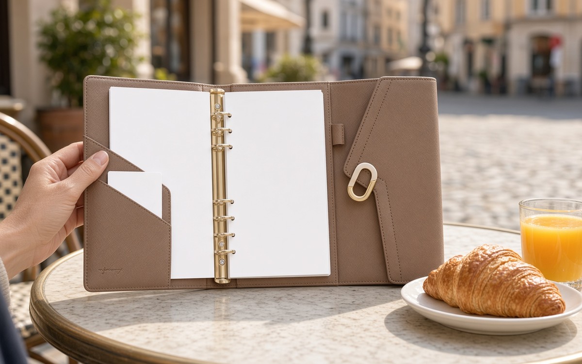 Open taupe brown EGOSUNNY planner on a café terrace table