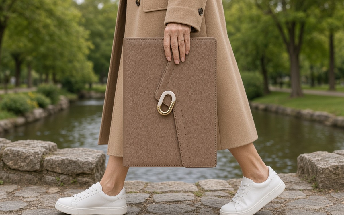 Woman holding a taupe brown EGOSUNNY planner on a footbridge