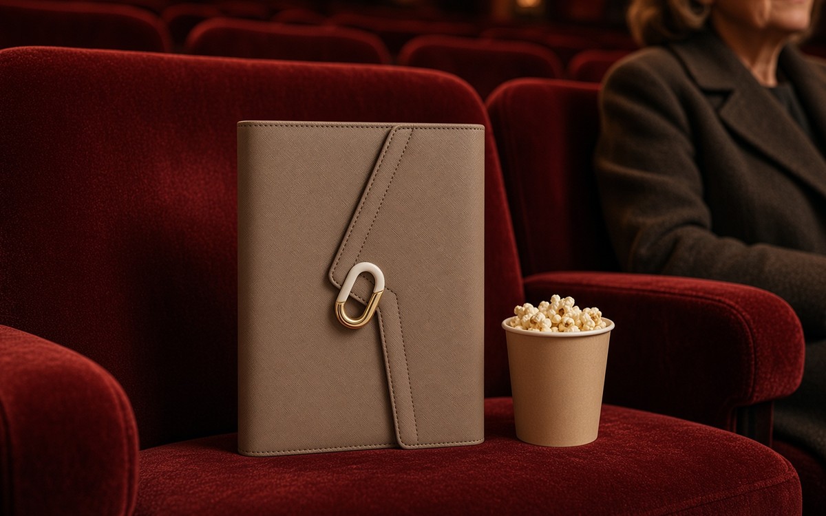Taupe brown EGOSUNNY planner on a seat in a vintage cinema