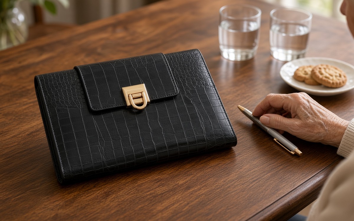 Open black EGOSUNNY planner on a walnut meeting table