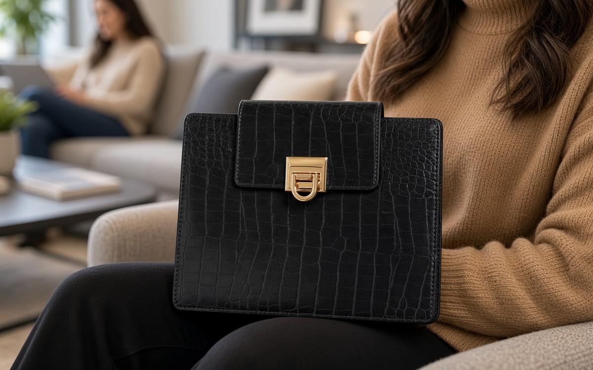 Woman with a black EGOSUNNY planner on her lap in an office lounge