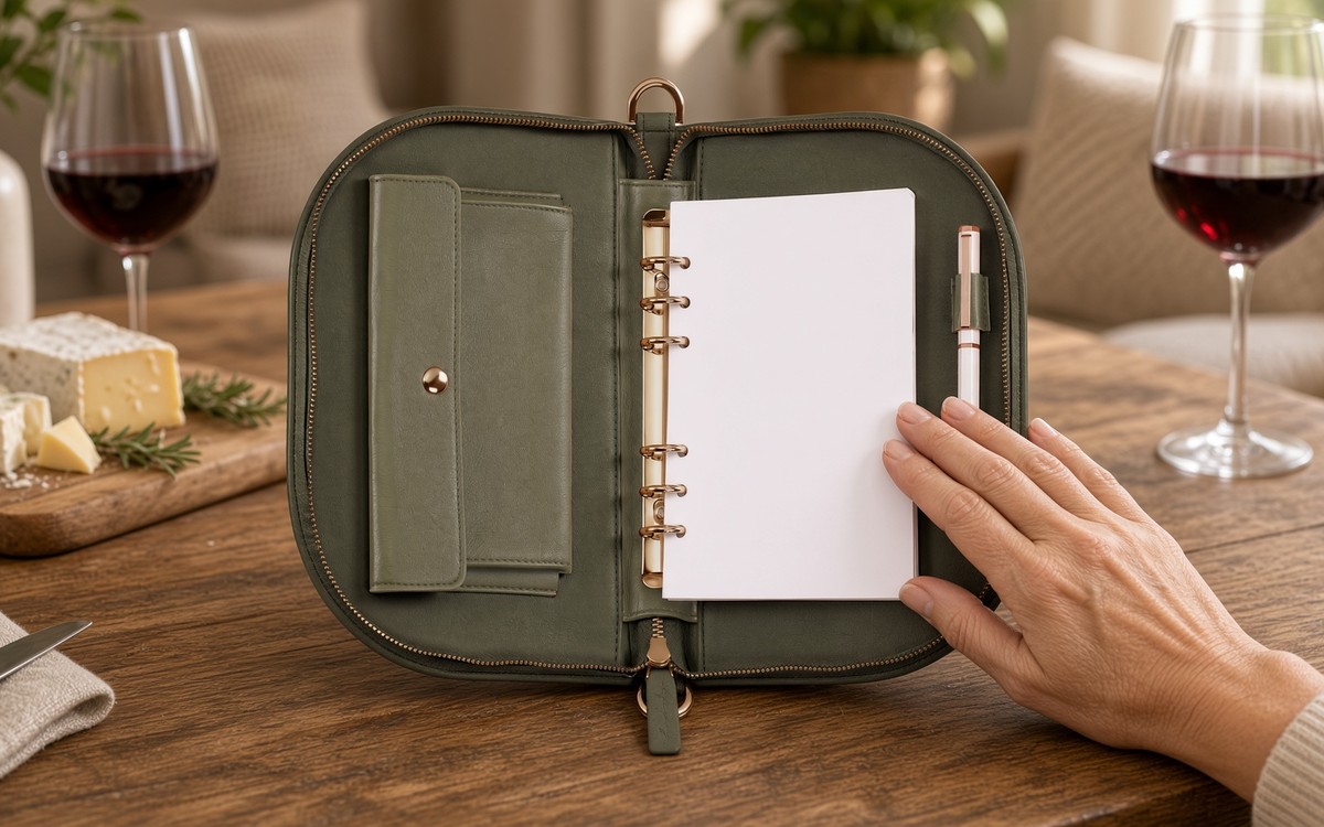 Open olive EGOSUNNY planner on a coffee table with a cheese board